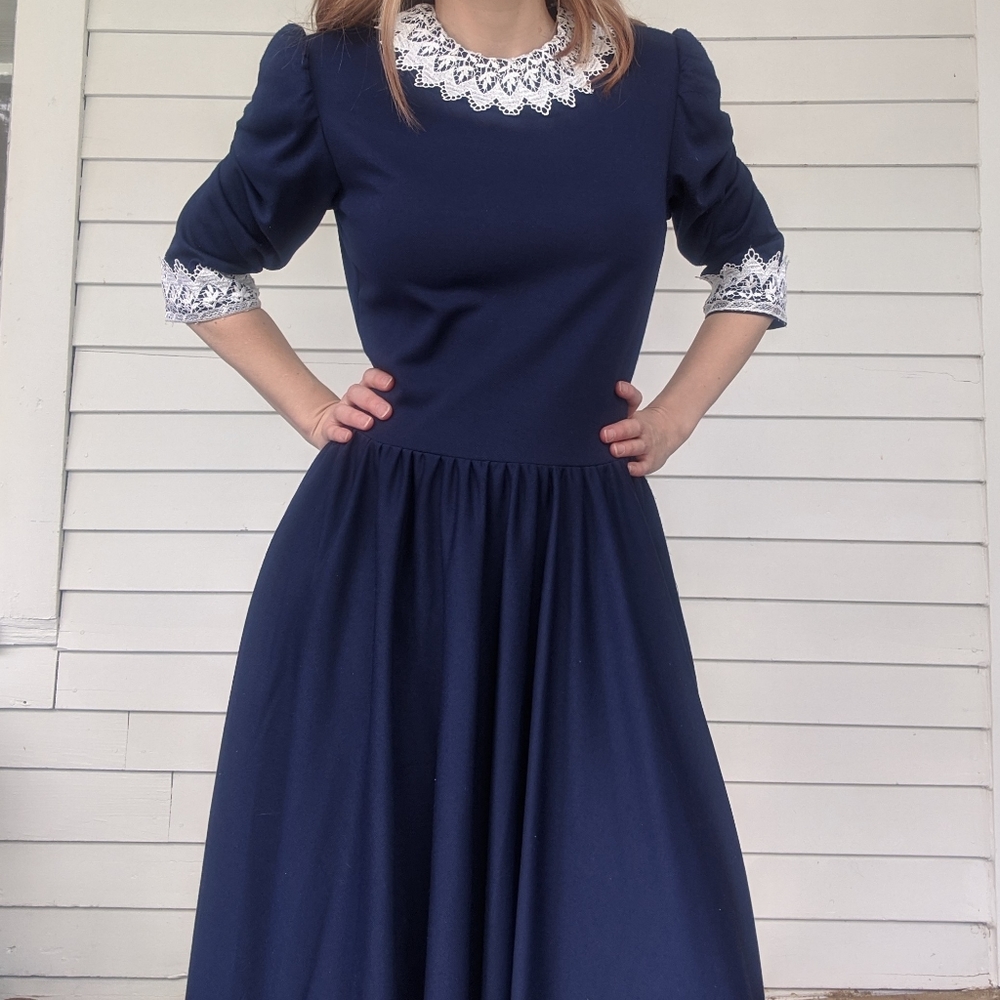 80s Blue Full Skirt Dress White Lace S Vintage